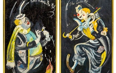 (2 Pc) Signed Clown Paintings Oil On Board