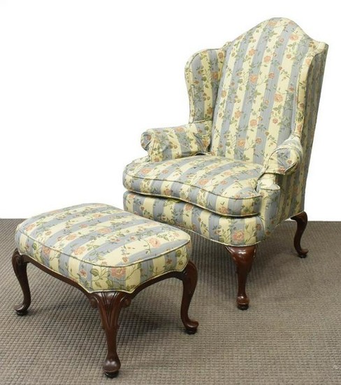 (2) QUEEN ANNE STYLE WINGBACK ARMCHAIR & STOOL