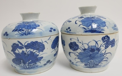 2 Similar Japanese Covered Pots Blue & White