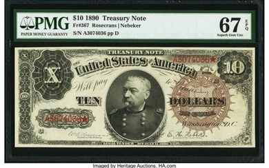 20060: Fr. 367 $10 1890 Treasury Note PMG Superb Gem Un