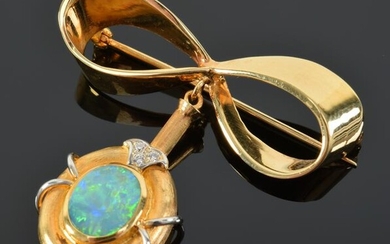 22K Gold opal and diamond bow form pin with drop