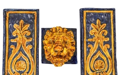 (3 Pc) Italian Glazed Majolica Lion Wall Decorative Plaques