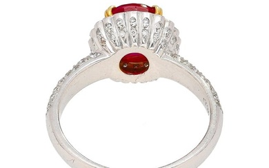 3.02 Carat Cushion Cut Burma Ruby & Round Diamond Ring in Platinum & 18K Gold
