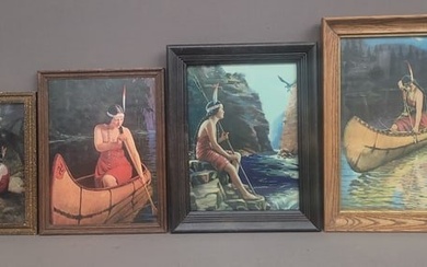 4 C 1920's Color Prints of Native American Women. First on left signed Minnehaha.means waterfall.