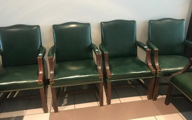 4 Chippendale Style Arm Chairs with Green Leather