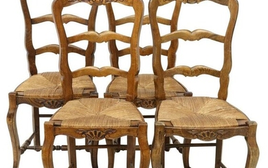 (4) FRENCH PROVINCIAL WALNUT RUSH SEAT SIDE CHAIRS