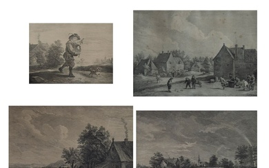 4 gravures d'après David Teniers, 'Le joueur de cornemuse' et 'Vue de Flandre' (3) par...