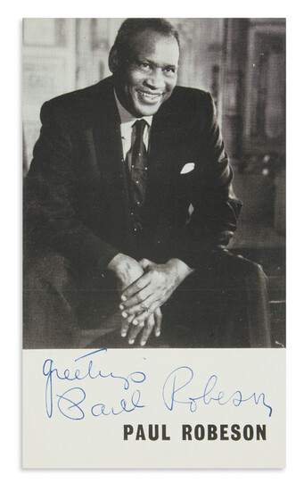 ROBESON, PAUL. Photograph Signed and Inscribed, "greetings," half-length portrait showing him laughing. Inscribed...