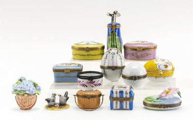 TWELVE LIMOGES PORCELAIN BOXES By various makers. Boxes in the form of a golf bag, a golf ball, a flower, a Nantucket basket purse,...