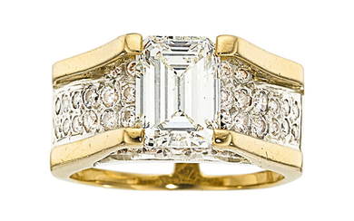 Diamond, Gold Ring The ring features an emerald-cut...
