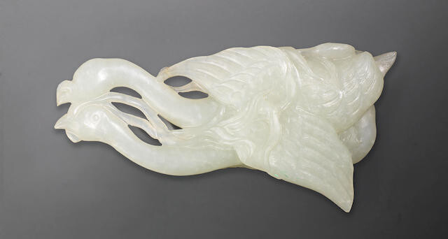 A superb very pale green jade 'double geese' paperweight
