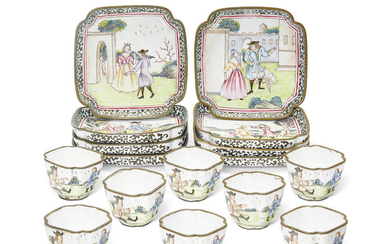A SET OF EIGHT PAINTED ENAMEL EUROPEAN SUBJECT WINE CUPS AND SAUCERS, QIANLONG PERIOD (1736-1795)