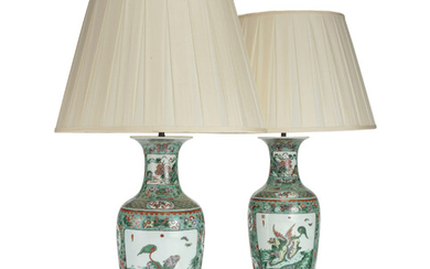A PAIR OF CHINESE FAMILLE VERTE BALUSTER VASES, MOUNTED AS LAMPS, 20TH CENTURY