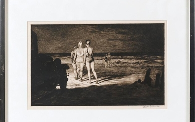 MARTIN LEWIS, New York/Connecticut/Maine/Australia, 1881-1962, "Girls on the beach"., Etching on paper, 8.5" x 13.5" sight. Framed 1...