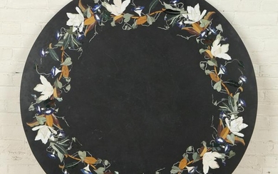 ROUND BLACK STONE TABLE TOP MARBLE MOSAIC INLAYS