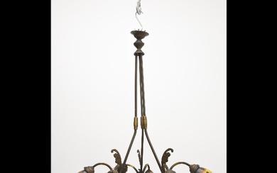 6-arm art nouveau lamp with brass mounts and hand-painted glass...