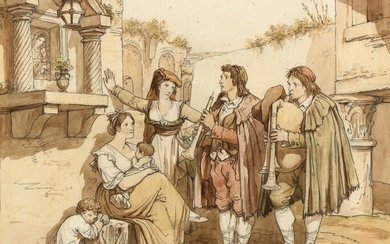 60 Bartolomeo PINELLI (1781-1835) Les musiciens ambulants « Li Pifferari » Aquarelle, plume et lavis...
