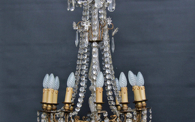 ANTIQUE FRENCH BRONZE AND CRYSTAL 12 LIGHT CHANDELIER