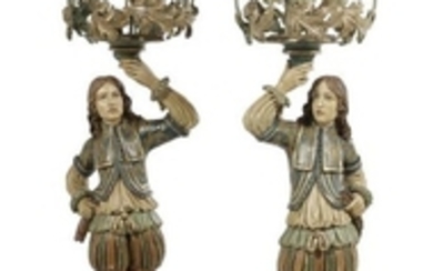 Pair of Carved and Painted Figural Torcheres