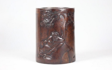 A CHENXIANG WOOD CARVED STORY PATTERN BRUSH POT