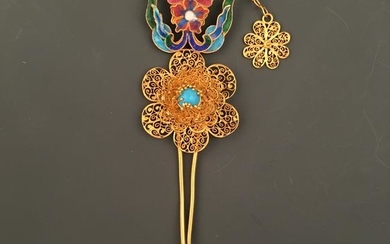 Chinese Gilt Silver Enamel 'Floral' Hair Clasp