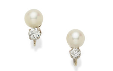 A pair of cultured pearl, diamond and 14k white gold ear clips, together with a cultured pearl, diamond and 14k white gold necklace