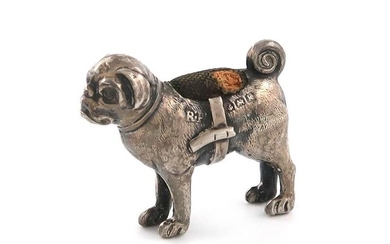 An Edwardian novelty silver pug dog pin cushion,...
