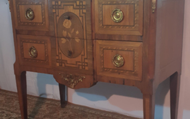FRENCH MARQUETRY AND INLAID MARBLE TOP COMMODE