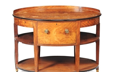 A George III satinwood, ebonised and gilt metal mounted oval ‘rent’ table