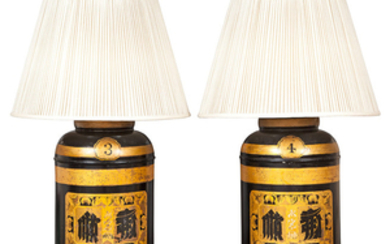 Pair of Gilt Decorated Black Painted Tôle Tea Canisters
