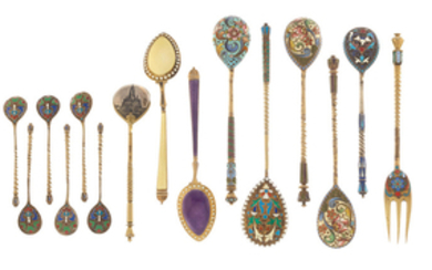 A group of thirteen Russian silver and enamel spoons and fork