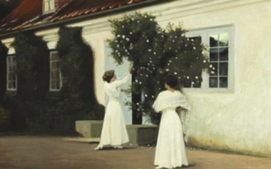 Harald Slott-Møller: Two young girls in long white dresses picking roses in the garden. Signed Harald Slott-Møller. Oil on canvas. 49 x 58 cm.