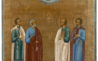 ICÔNE, RUSSIE, DÉBUT DU XIXe SIÈCLE Saints surmontés par Dieux le Père Tempera et or sur bois