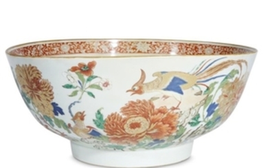 A large Chinese export porcelain 'rose-verte' punch bowl decorated...