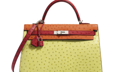 A LIMITED EDITION ROUGE VIF, TANGERINE & VERT ANIS OSTRICH SELLIER KELLY 35 WITH PALLADIUM HARDWARE, HERMÈS, 2007