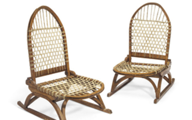A PAIR OF NORTH AMERICAN PORTABLE SNOWSHOE CANOE CHAIRS, MANUFACTURED BY TUBBS, WALLINGFORD, VERMONT, MID-20TH CENTURY