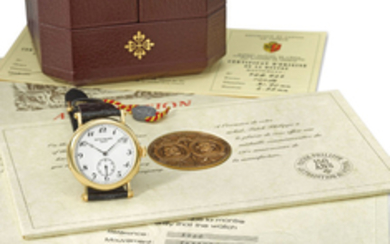 PATEK PHILIPPE. A FINE 18K GOLD LIMITED EDITION WRISTWATCH WITH BREGUET NUMERALS, ORIGINAL CERTIFICATE AND BOX, MADE TO COMMEMORATE THE 150TH ANNIVERSARY OF PATEK PHILIPPE, SIGNED PATEK PHILIPPE, GENEVE, 150TH ANNIVERSAIRE, OFFICIER MODEL, REF. 3960,...
