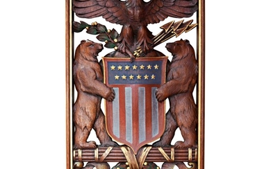 RARE CARVED, PARCEL GILT, AND POLYCHROME PAINT-DECORATED WOOD COMMEMORATIVE NATIONAL SEAL FOR PRESIDENT THEODORE ROOSEVELT, EARLY 20TH CENTURY