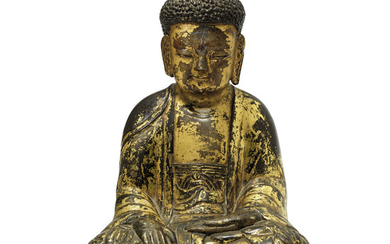 A RARE GILT-LACQUERED STONE FIGURE OF BUDDHA, POSSIBLY KOREAN, 17TH-19TH CENTURY