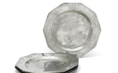A set of four George II rare ten-sided pewter plates, circa 1740