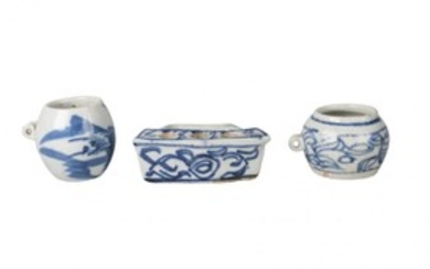 Three Chinese porcelain bird feeders, Qing dynasty,...