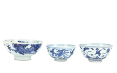 THREE CHINESE BLUE AND WHITE BOWLS. Ming Dynasty,...