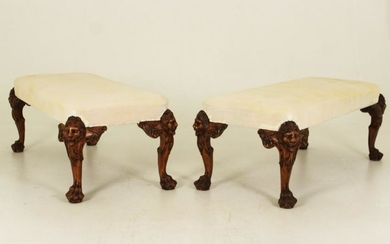 PAIR OF WALNUT LION CARVED LONG BENCHES