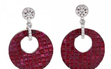 White Gold, Ruby, and Diamond Drop Earrings