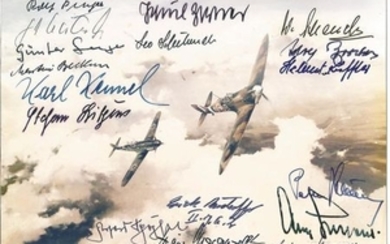 World War Two rare 5x7 colour photo signed by 17, Luftwaffe Fighter Pilots BF109S Dual of the Eagles signatures include Rolf......