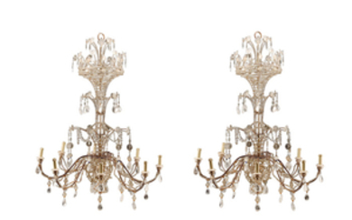 A Pair of Italian Neoclassical Style Giltwood, Gilt Iron, Rock Crystal and Glass Eight Light Chandeliers.