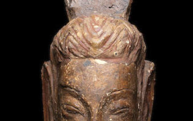 A rare grey limestone stone head of Buddha