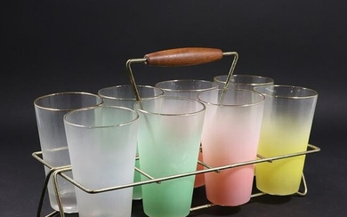 8 Mid-Century Colored Frosty Glasses in Caddy