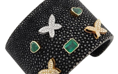Two-Color Gold, Emerald and Shagreen Cuff Bracelet