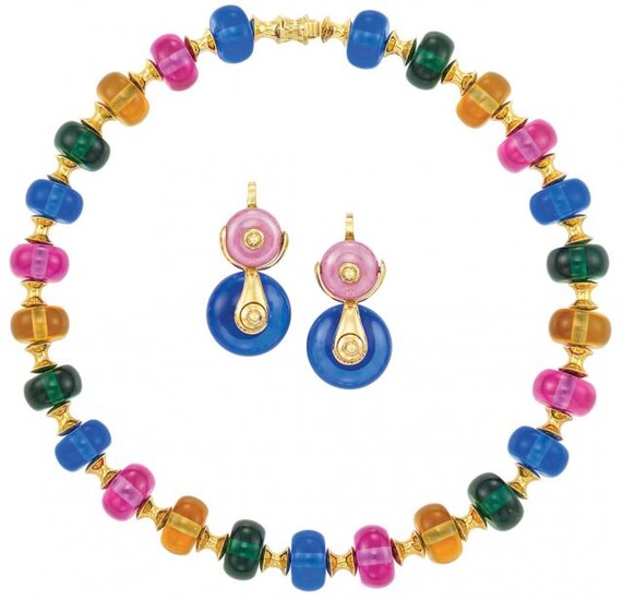 Gold and Multicolored Glass Bead 'Cimin' Necklace and Pair of Earrings, Marina B